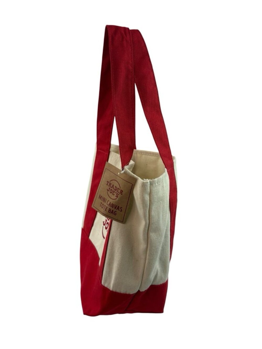 *New Trader Joe's Mini Canvas Tote Red Bag Re-usable Grocery Store Advertising - Picture 2 of 5